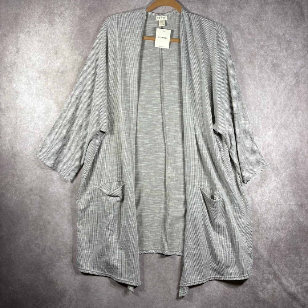 Donni Cardigan Sweater Womens OSFA Plus Brown Striped Open Front Pockets NEW
